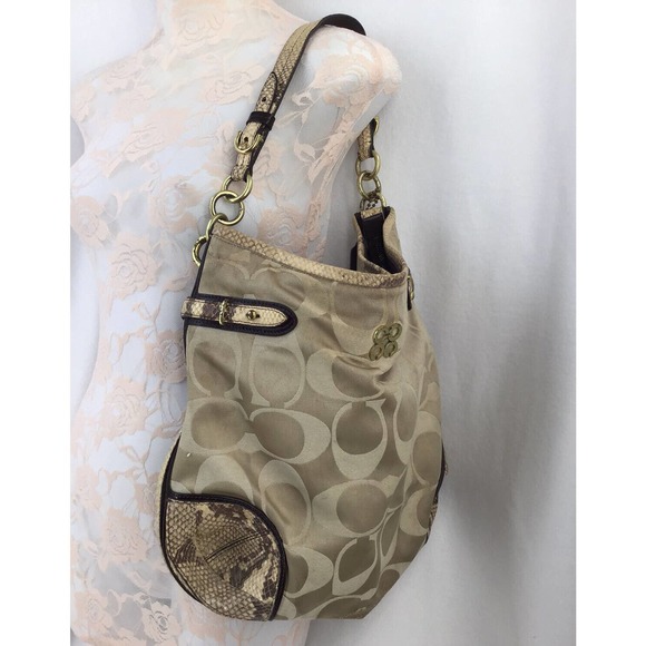 Coach Handbags - Coach Colette Signature Beige Sateen Python Leather Hobo Bag Size 13X13